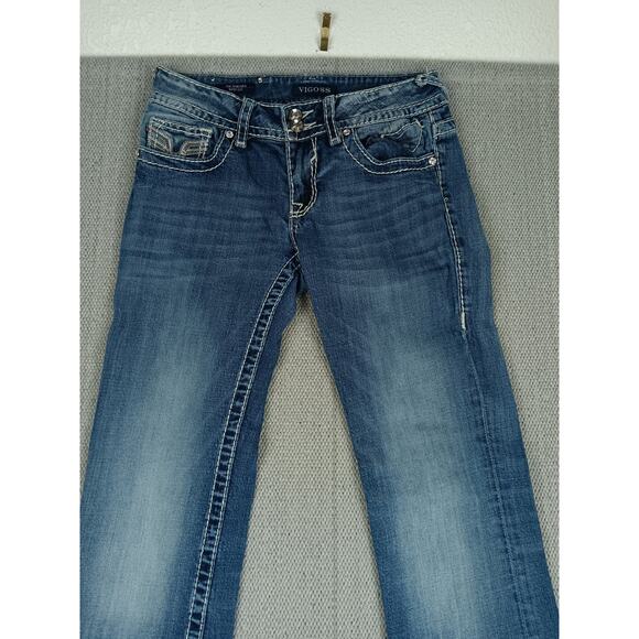 Vigoss Chelsea Boot Cut Jeans Women 27X32 Blue Fade Whiskered Jeweled Stretch - Picture 6 of 12